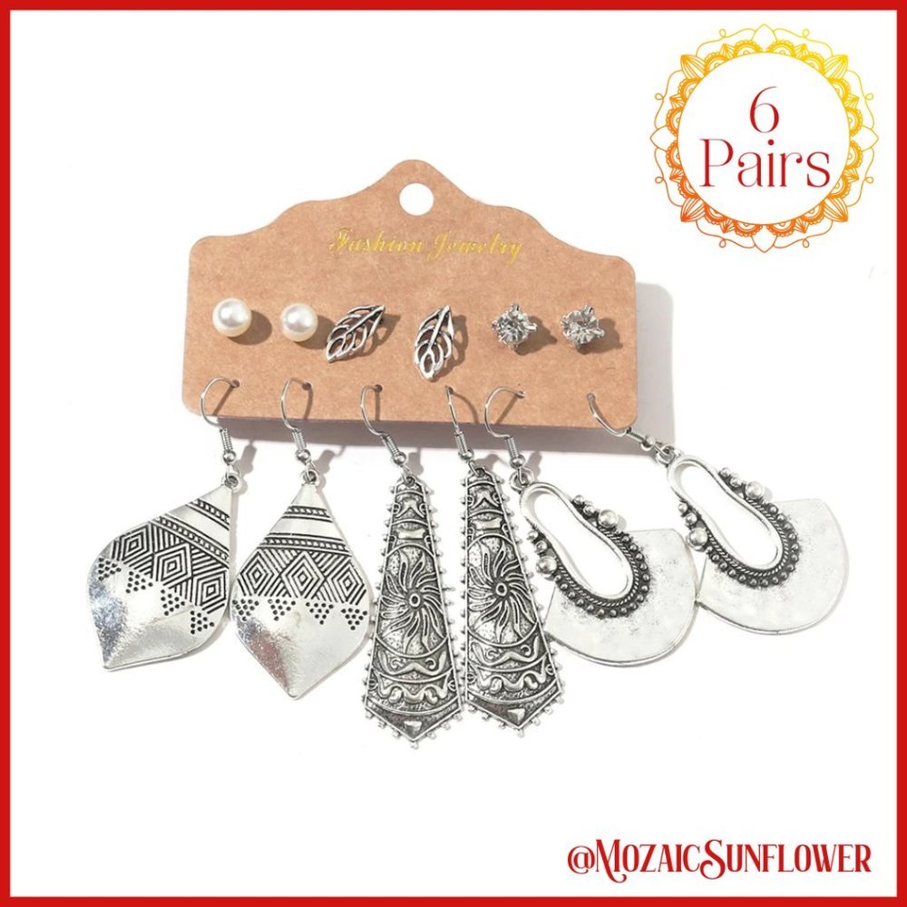 6 Pairs Antiqued Etched Design Silver French Hook and Post Earrings NWT